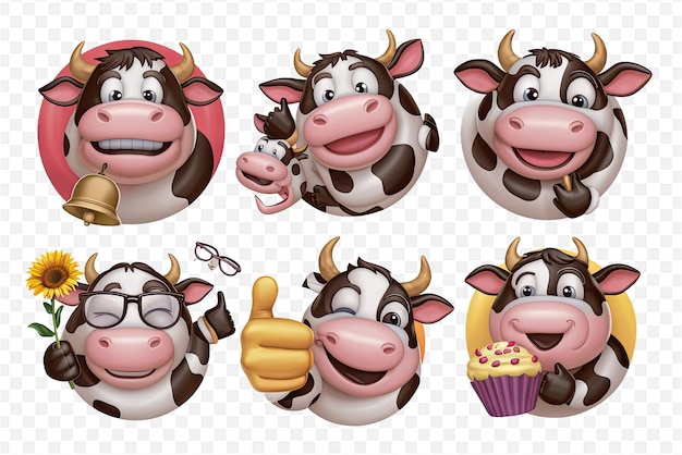 PSD a cow with a bunch of different facial expressions