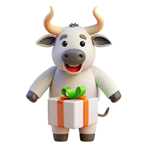 PSD a cow with horns and horns holding a gift