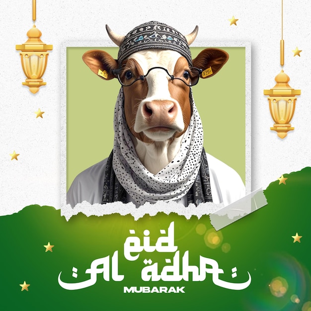 a cow with a white head and a green background with the words arabic on it