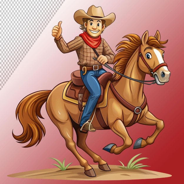 PSD cowboy mascot riding the standing horse on transparent background