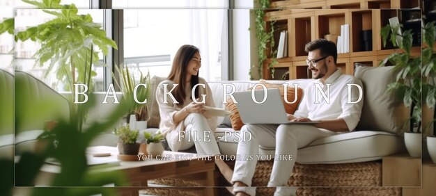 coworker couple relaxing and holding laptop on sofa