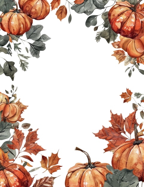 PSD cozy autumn frame with pumpkin and leaves isolated on a white background aig56