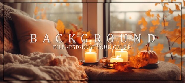 Cozy Autumn Windowsill with Candles and Pumpkins