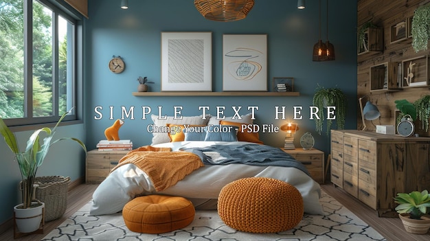 PSD cozy bedroom with blue walls and orange accents