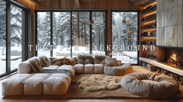 PSD cozy cabin living room with snow covered forest view