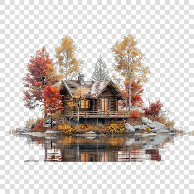 PSD a cozy cabin in the woods surrounded by trees fall autumn illustrationon transparent background