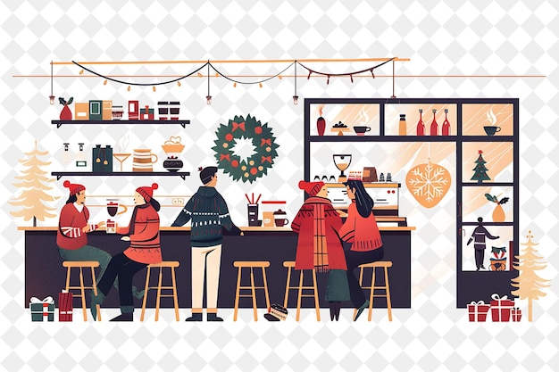 Cozy Christmas Cafe With Customers and Baristas Design Is Wa Illustration Christmas Art Design