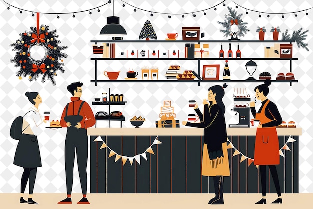 PSD cozy christmas cafe with customers and baristas design is wa illustration christmas art design