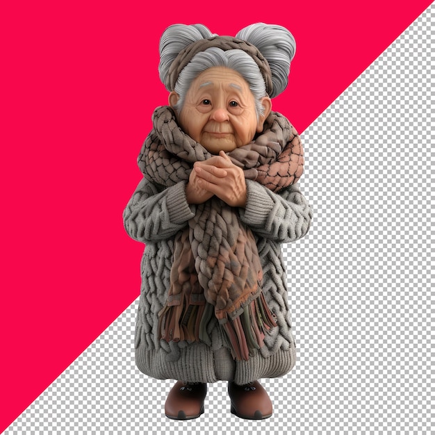 PSD cozy elderly woman in warm clothes transparent background png psd