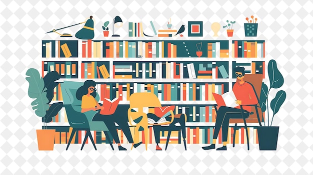 Cozy Librarian With Characters Reading and Organizing Books PNG People in Daily Work Illustration