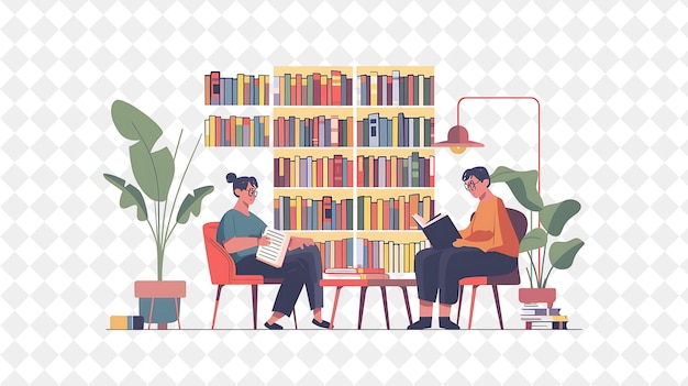 Cozy Librarian With Characters Reading and Organizing Books PNG People in Daily Work Illustration