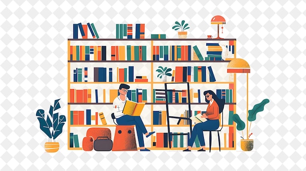 Cozy Librarian With Characters Reading and Organizing Books PNG People in Daily Work Illustration