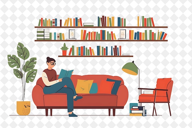 Cozy Librarian With Characters Reading and Organizing Books PNG People in Daily Work Illustration