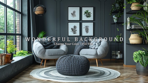 PSD cozy living room with grey armchairs and a knitted pouf