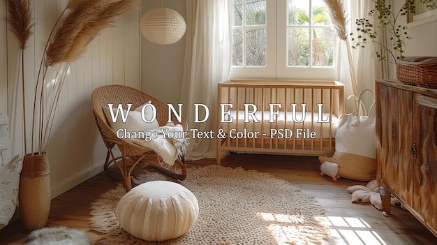 PSD cozy nursery with wicker chair and natural elements