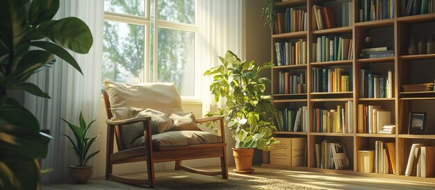 PSD cozy reading nook with a rocking chair and bookshelf