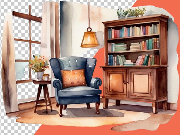 Cozy reading room watercolor clip art