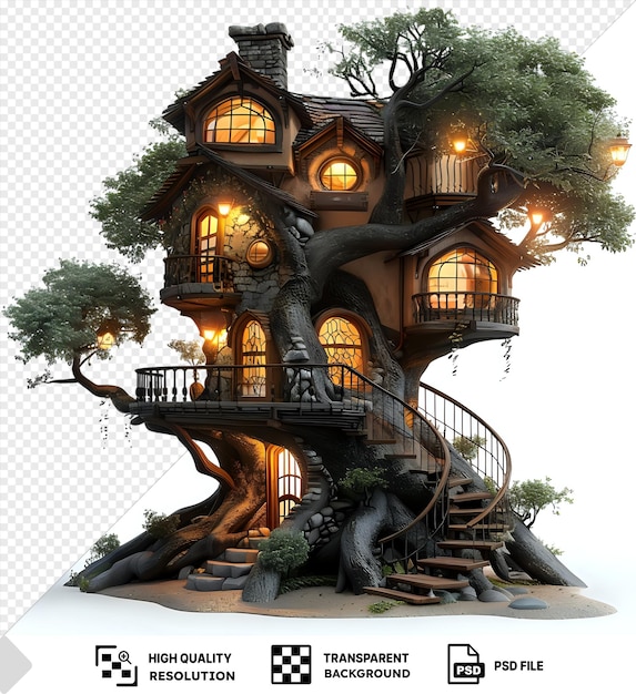 PSD a cozy treehouse glows with warmth from a charming lamp nestled among lush green trees