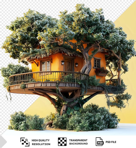 PSD a cozy treehouse nestled in a lush tree with a yellow background isolated