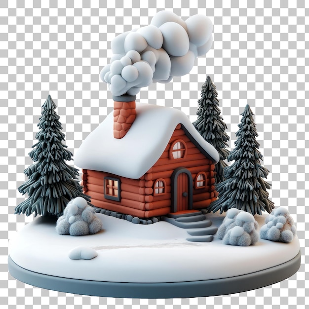 PSD cozy winter cabin surrounded by snowy fir trees in a peaceful setting