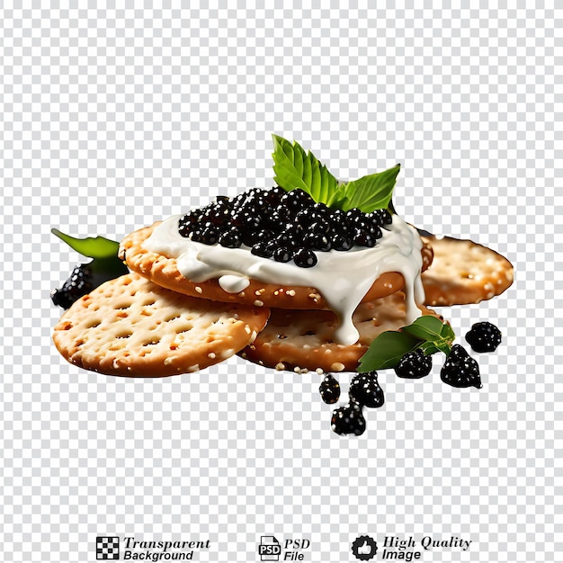 crackers with cream cheese and black caviar close up isolated on transparent background