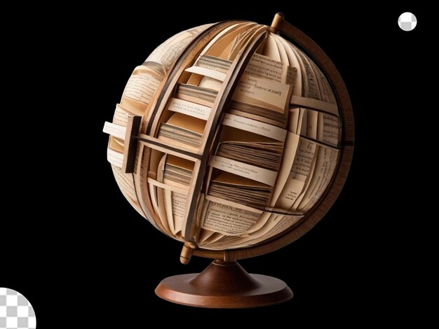 Craft a globe with hollow sections each filled with iconic literary elements like quills scrolls and open books This represents the idea that the world is shaped by stories