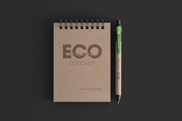 Craft spiral notebook with eco ballpoint pen mockup