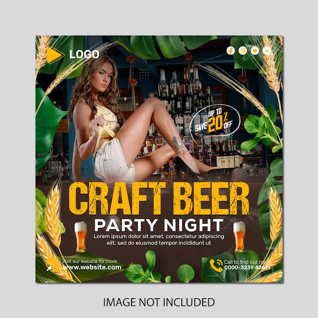 Craft wheat beer on bokeh night bar background with craft beer party night poster template design