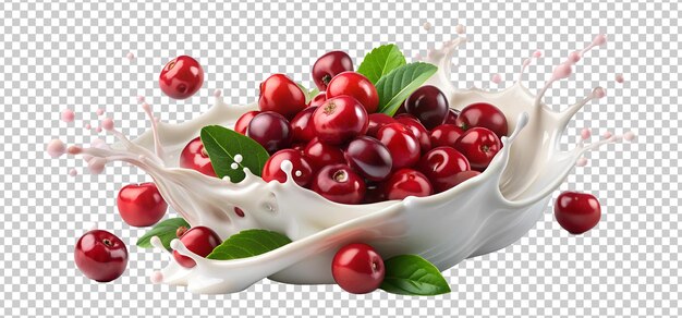 Cranberries splashing in milk with fresh leaves isolated PNG transparent