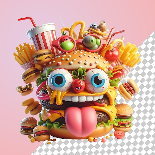 PSD crazy hamburger monster with food accessories