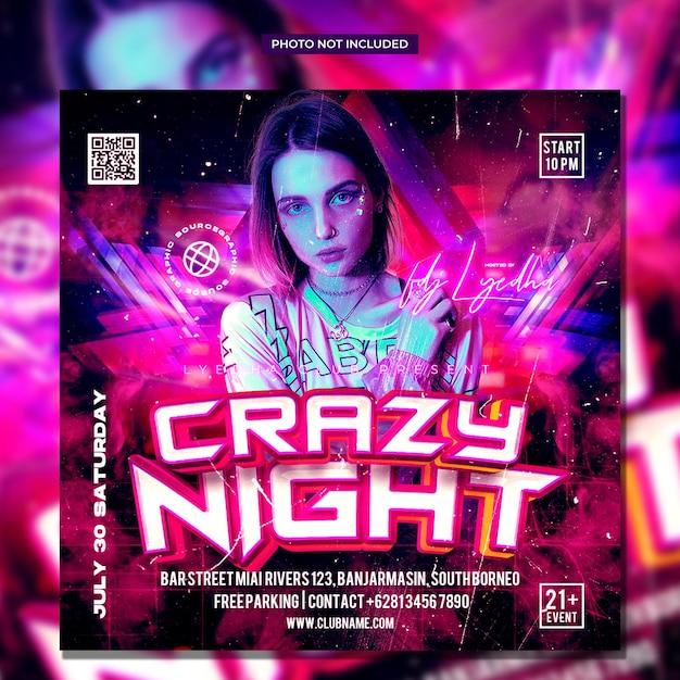 Crazy night club dj party flyer social media post