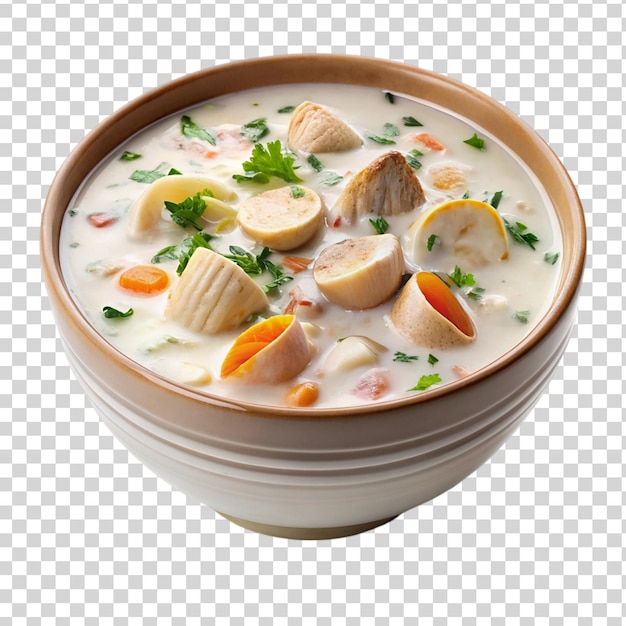 Creamy bowl of clam chowder isolated on transparent background