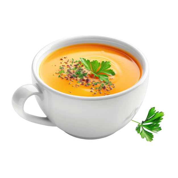 Creamy Orange Soup in a White Mug with Parsley Garnish