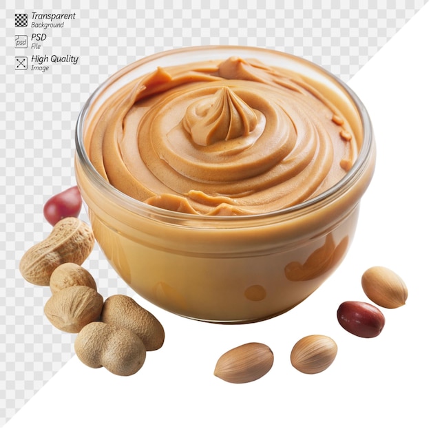 PSD creamy peanut butter in a jar with scattered peanuts on a transparent background