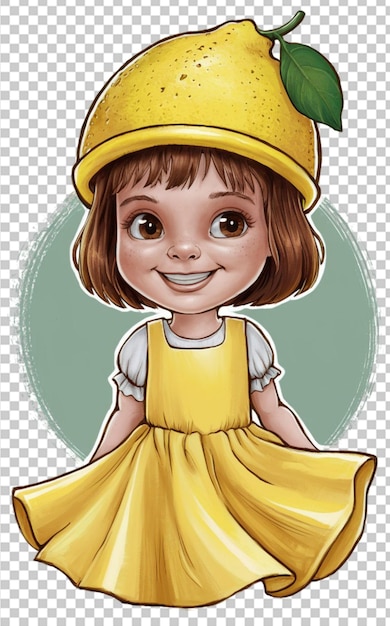 PSD create a cartoon illustration of a young girl wearing a yellow dress and a lemonshaped hat