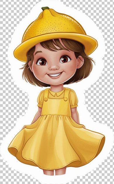 PSD create a cartoon illustration of a young girl wearing a yellow dress and a lemonshaped hat