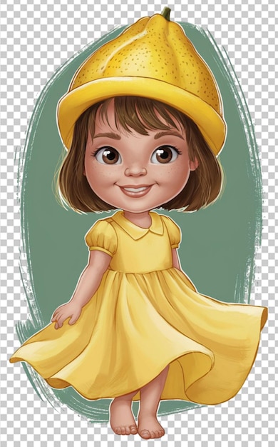 PSD create a cartoon illustration of a young girl wearing a yellow dress and a lemonshaped hat