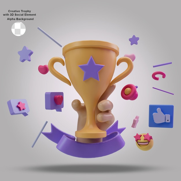 Creative 3d trophy cartoon style with social element