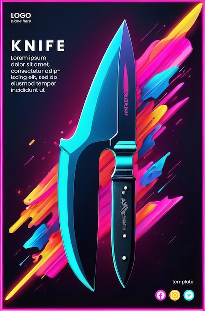 Creative abstract poster with neon knife design