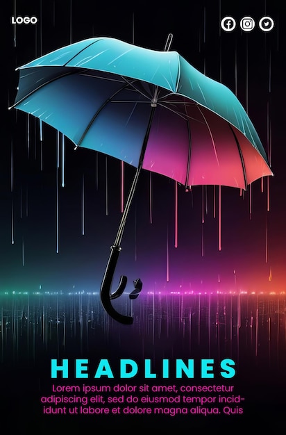 Creative abstract poster with neon Umbrella and rain design