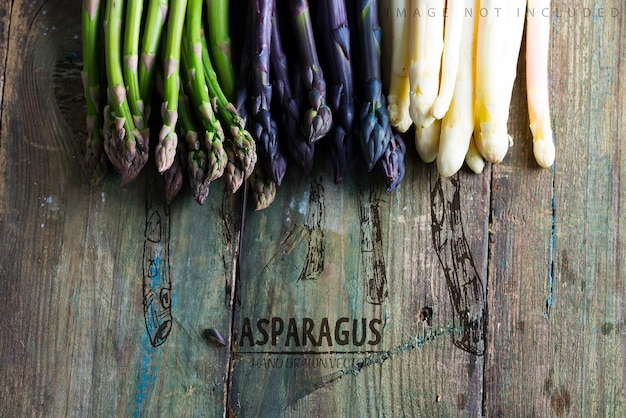 Creative border from home grown raw organic purple green and white sparagus spears ready for cooking healthy vegetarian dieting food  copy space Vegan concept