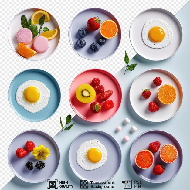 PSD creative breakfast plates with playful arrangements isolated on transparent background