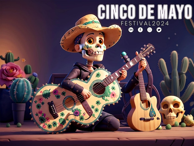 Creative Cinco de Mayo with a beautiful skull wearing a straw hat and sombrero by Grillo Demo