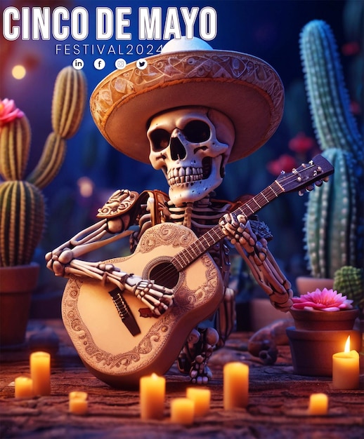 Creative Cinco de Mayo with a beautiful skull wearing a straw hat and sombrero by Grillo Demo