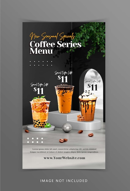 PSD creative coffee drink menu display with 3d podium background rendering for instagram post template