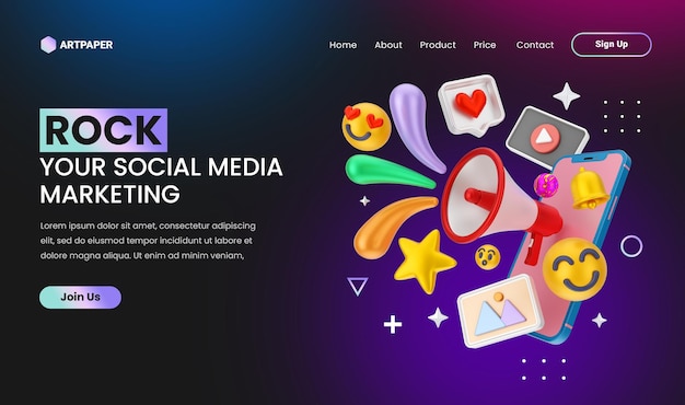 creative concept Social media marketing landing page with 3d colorful megaphone concept illustration