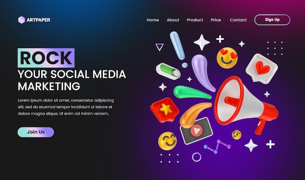 creative concept Social media marketing landing page with 3d colorful megaphone concept illustration