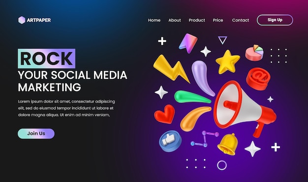 creative concept Social media marketing landing page with 3d colorful megaphone concept illustration