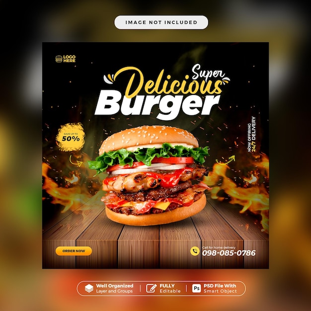 Creative concept special delicious burger menu on plate promotion social media banner template