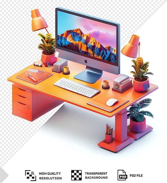 PSD creative desk setup with computer keyboard mouse lamp and plant